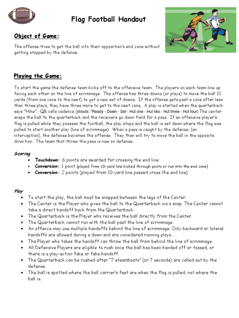 Flag Football Handout: Object of Game | Quarterback | American Football
