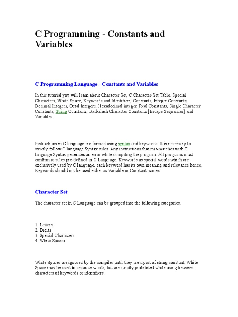 2 0 C Programming Constants And Variables C Programming Language Notation