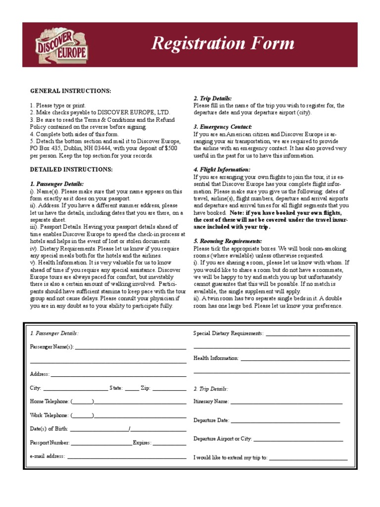 Discover Europe Tour Registration Form | PDF | Fee | Insurance