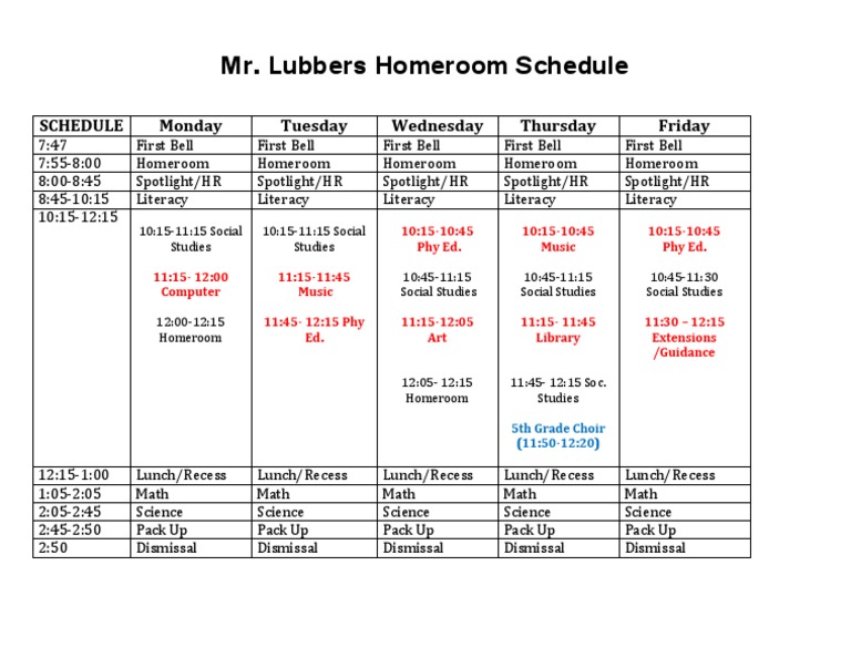 Mr. Lubbers' Weekly Homeroom Schedule | PDF