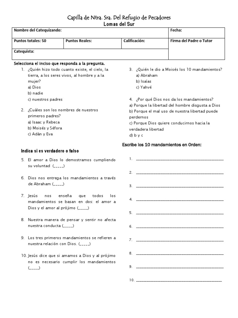 Examen de catecismo sobre la vida de Jesús y los principales elementos
