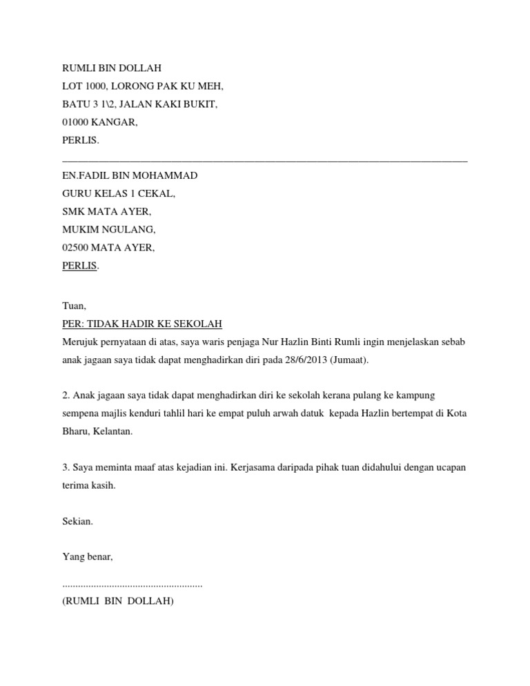 Surat Tidak Hadir Ke Sekolah Pdf