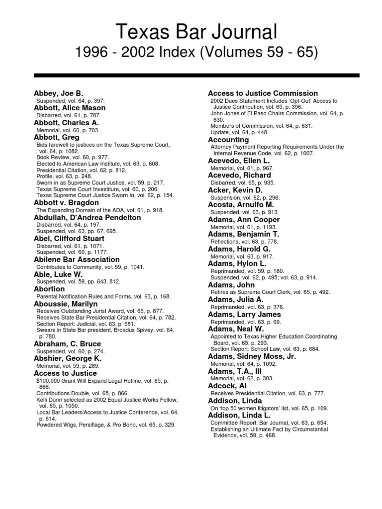 Texas Bar Journal 1996 - 2002 Index (Vol 59 - 65) | PDF | State Supreme  Court | Alternative Dispute Resolution