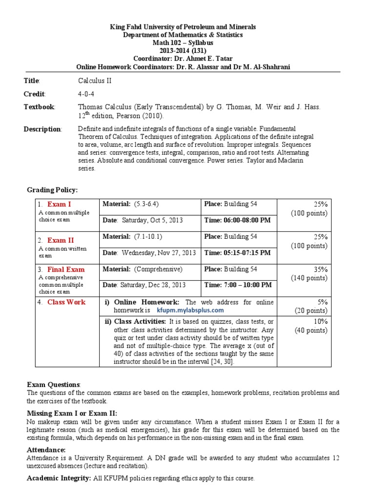 Math 102 Calculus II Syllabus 2013-14 | PDF | Series (Mathematics ...
