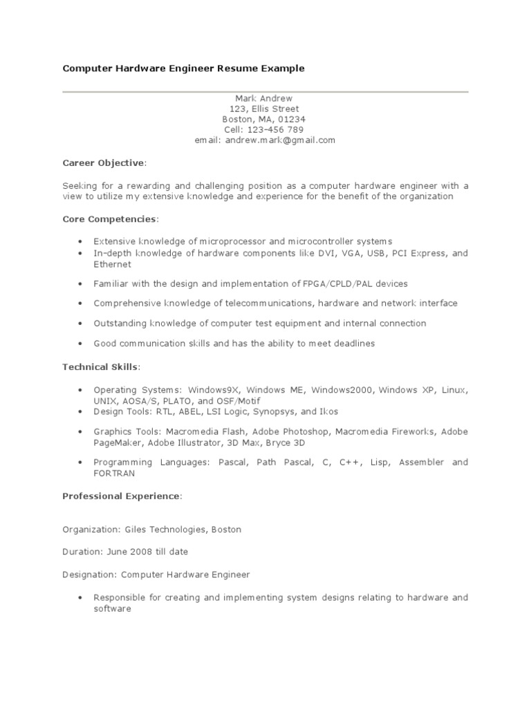 Computer Hardware Engineer Resume Example Career Objective PDF