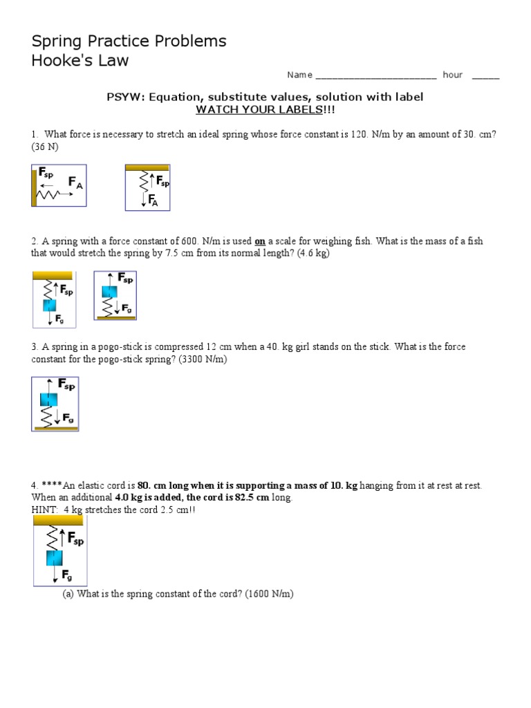 Hooke's Law Practice Problems | PDF | Force | Kilogram