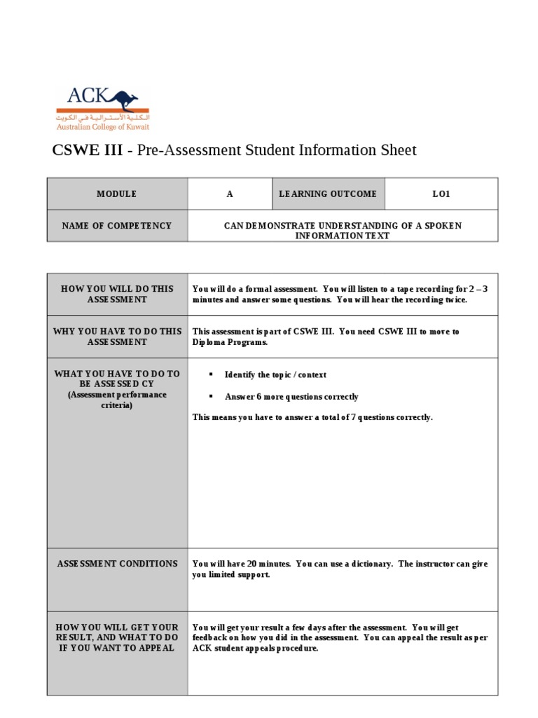 CSWE III - Pre-Assessment Student Information Sheet | PDF
