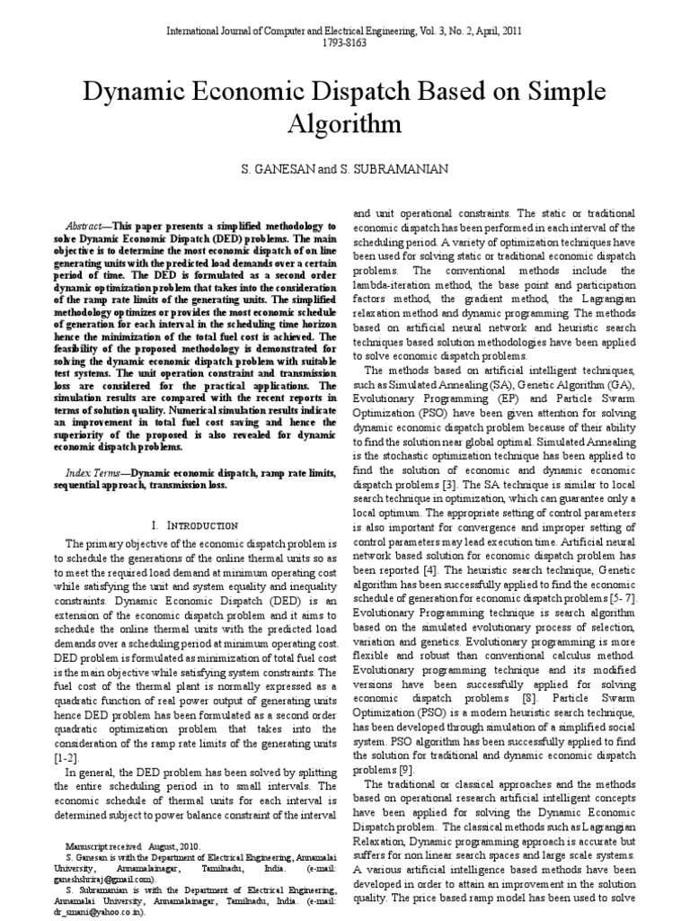 Dynamic Economic Dispatch Based On Simple Algorithm: S. Ganesan and S ...