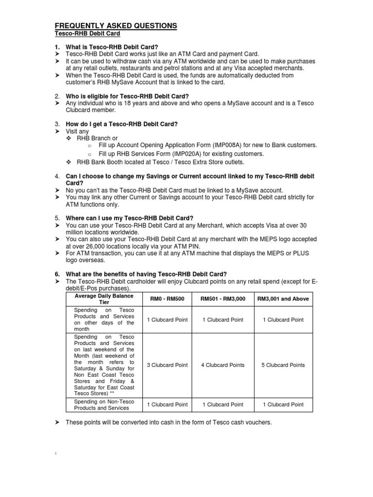 Tesco Rhb Faq Pdf Debit Card Tesco