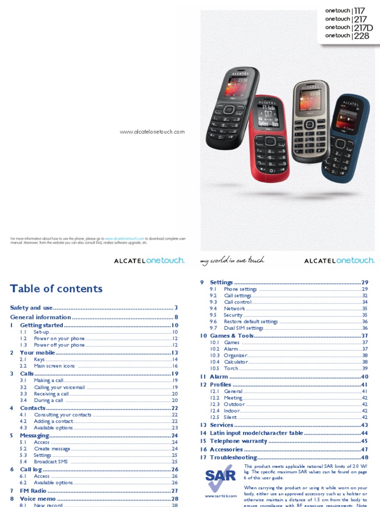 Alcatel Onetouch Cellular Phone 117 217 217d 228 User Manual English ...