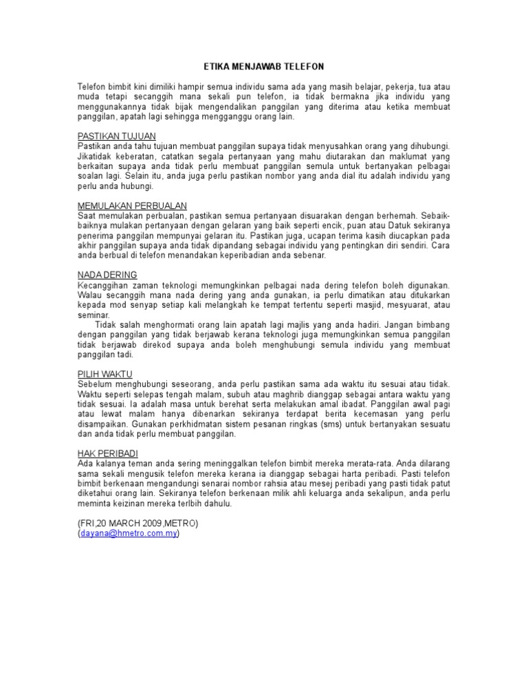 Etika Menjawab Telefon Pdf