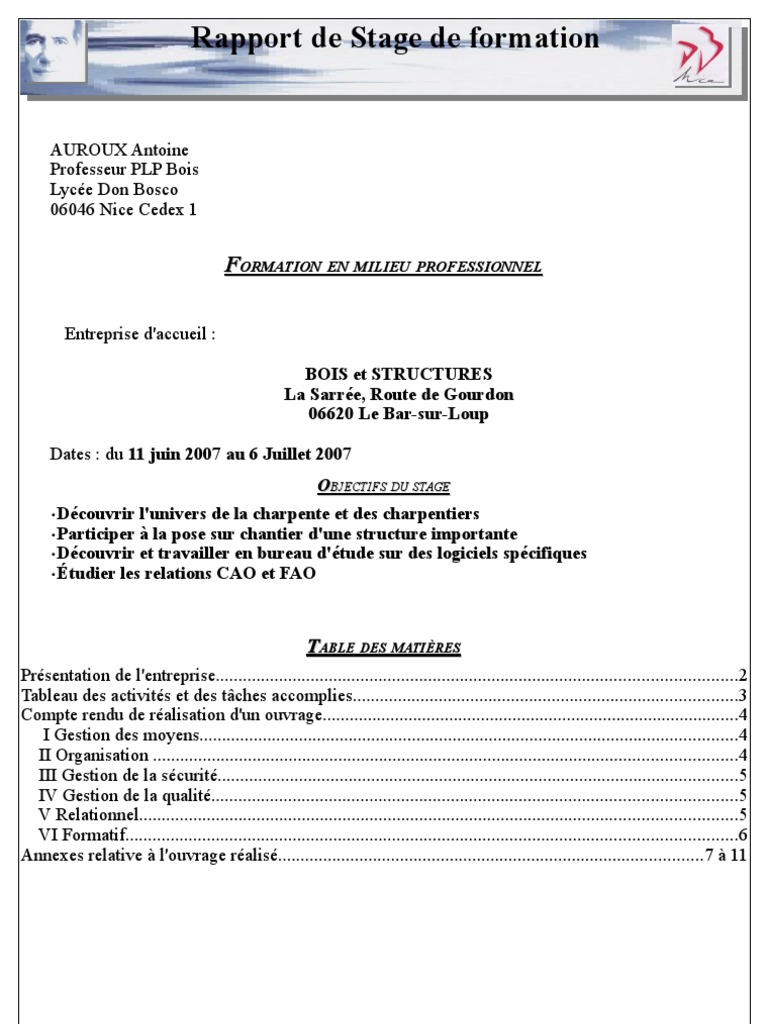 Exemple Rapport De Stage Terminal Bac Pro Rapport de Stage Type Pour BAC Pro TMA Ou TCB | PDF | Vis de fixation | La  nature