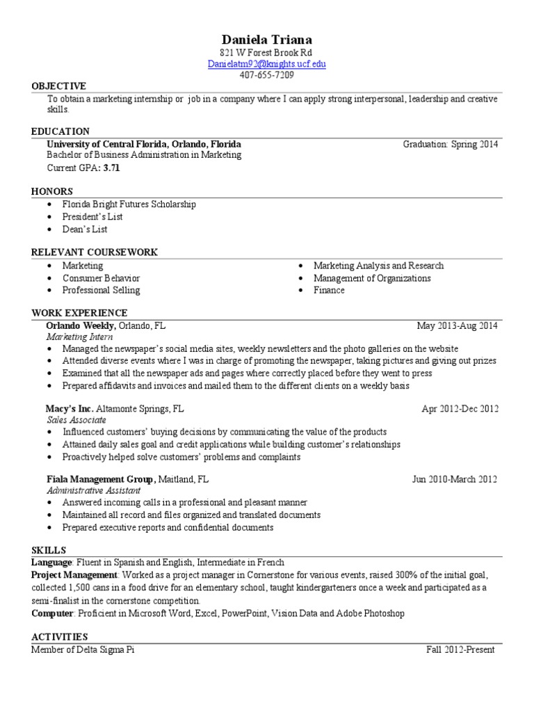 UCF Business Resume for Marketing Intern | PDF