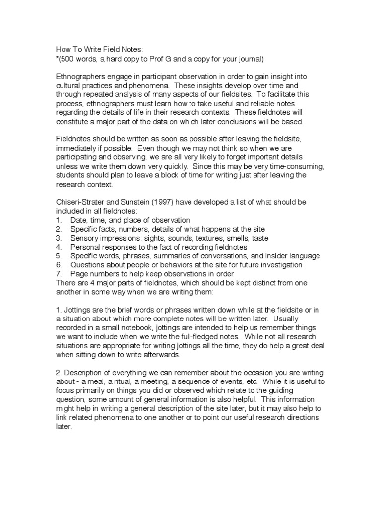 How to Write Field Notes Observation Ethnography