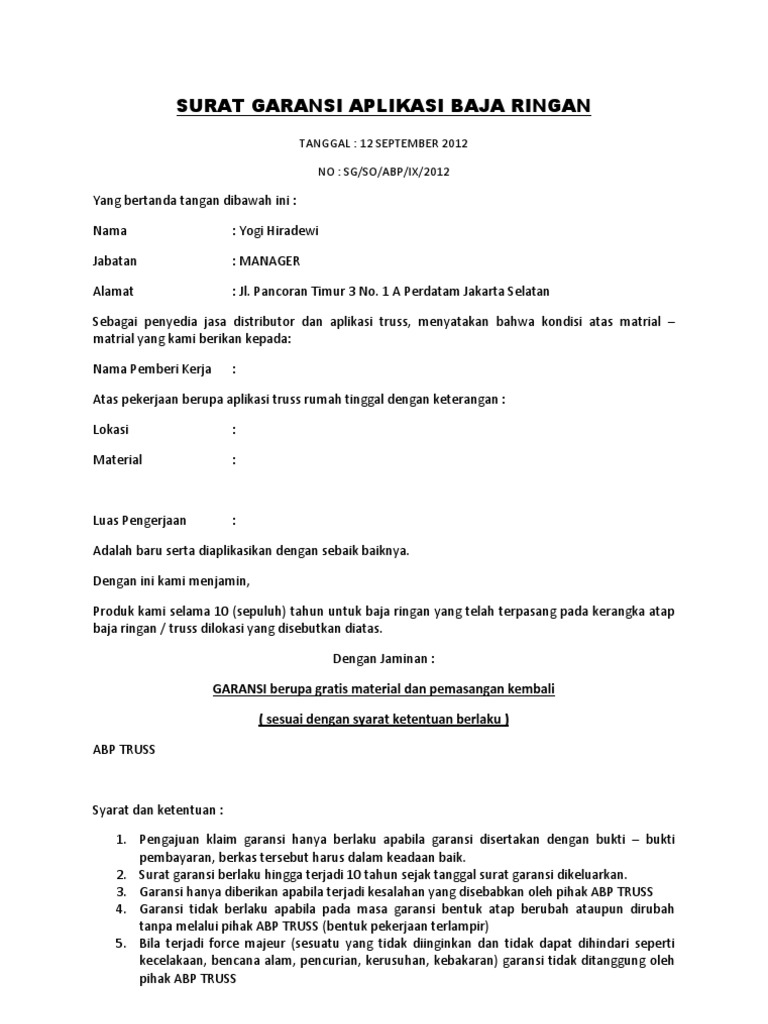 Surat Garansi Aplikasi Baja Ringan