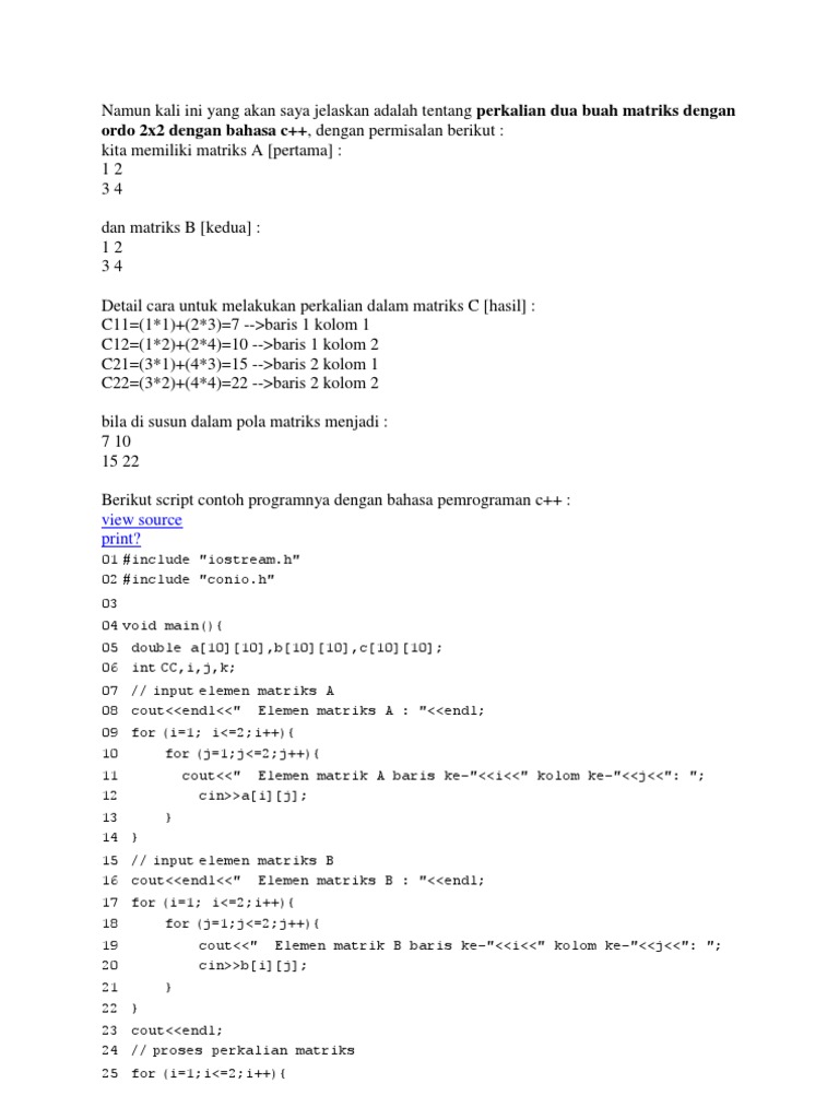 Perkalian Matriks Ordo 2x2 dengan C++ | PDF