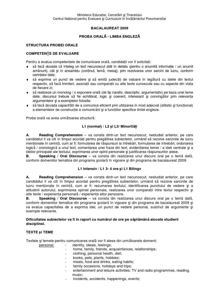 Limba engleza modele de subiecte