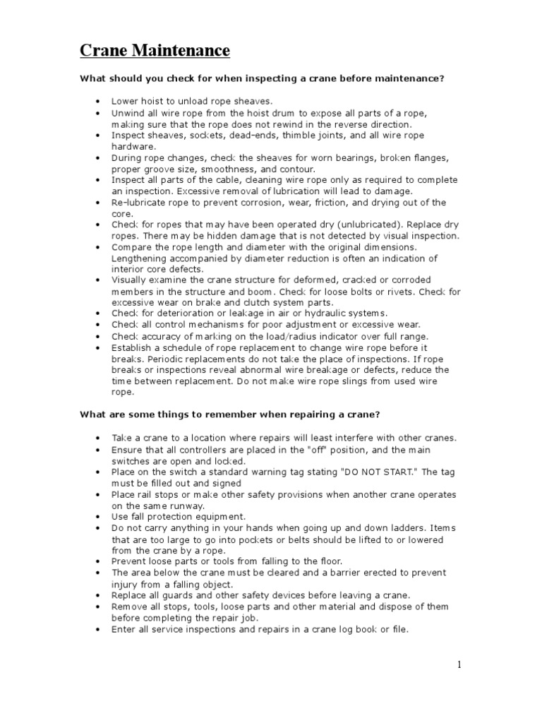 Crane Maintenance and Inspection Guide | PDF | Crane (Machine) | Rope