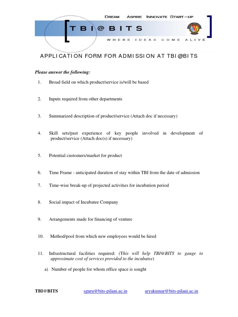 TBI@BITS Admission Form | PDF
