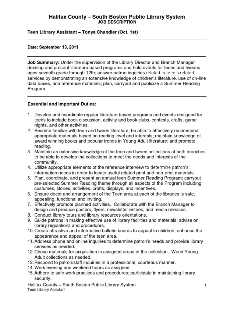 Teen Library Assistant Job Description | PDF | Public Library | Libraries