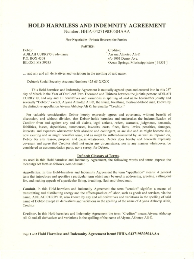 Hold Harmless and Indemnity Agreement PDF Indemnity Legal Personality