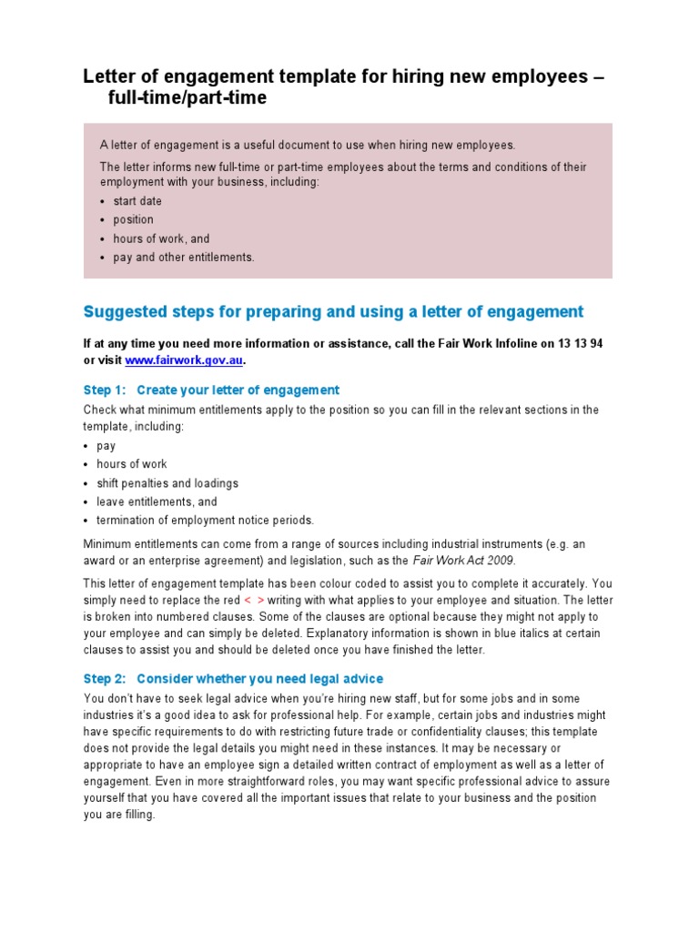 Letter of Engagement Template For Hiring New Employees - Full-Time 