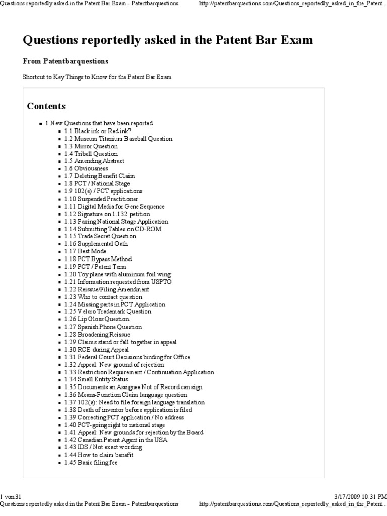 Questions Reportedly Asked on Patent Bar Exam Patent Application