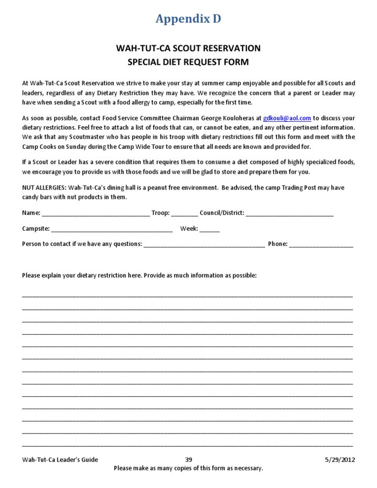 Appendix D Wah Tut Ca Scout Reservation Special Diet Request Form PDF