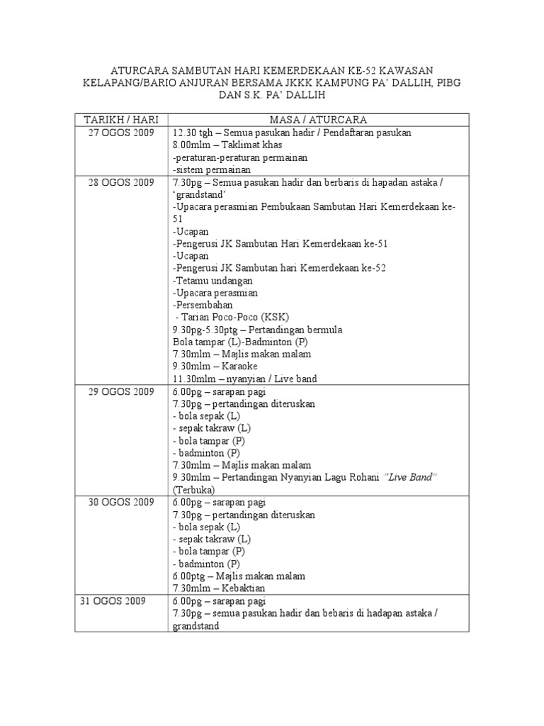 Aturcara Sambutan Merdeka Ke-52 | PDF