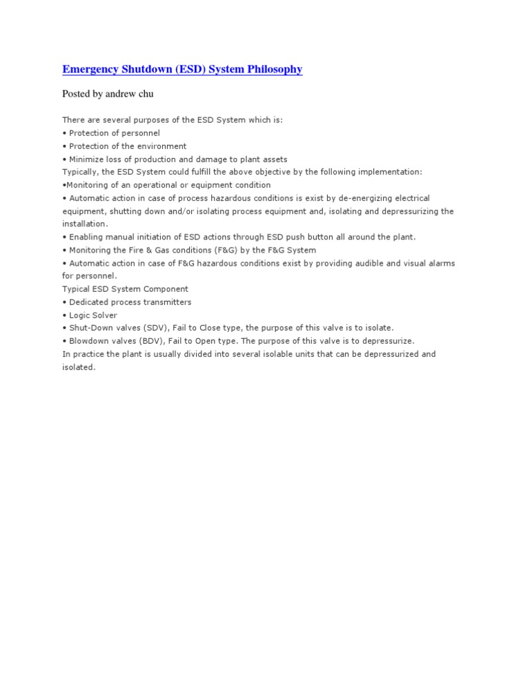 Emergency Shutdown (ESD) System Philosophy PDF Electrostatic Discharge Prevention