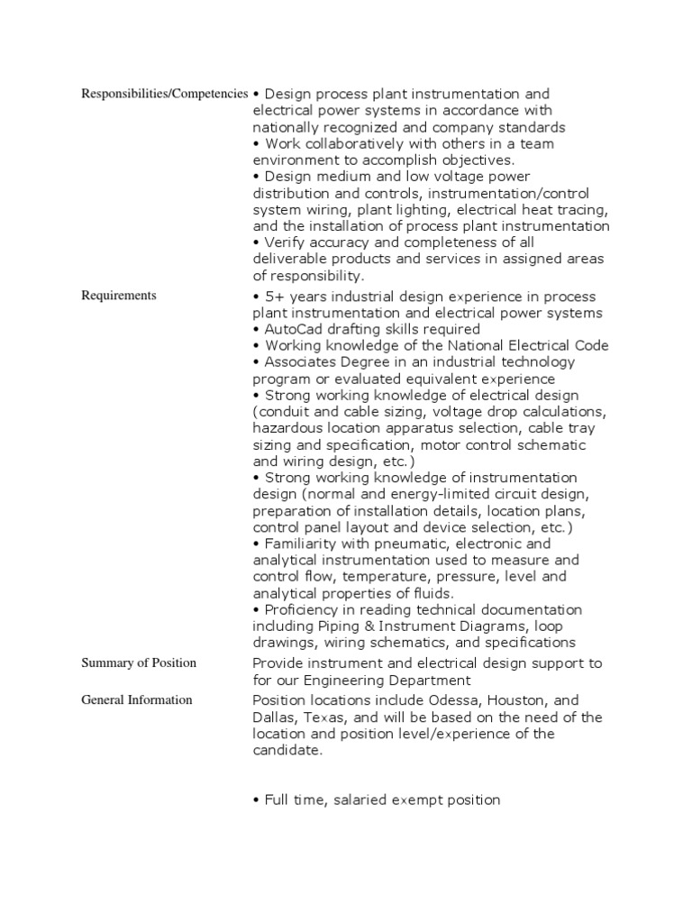 Instrument Designer Job Description Instrumentation Electrical Wiring