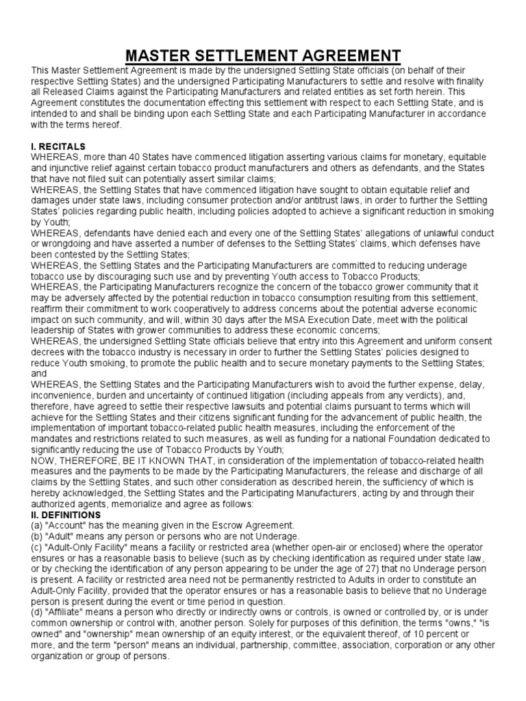 Master Settlement Agreement PDF Bankruptcy Cigarette