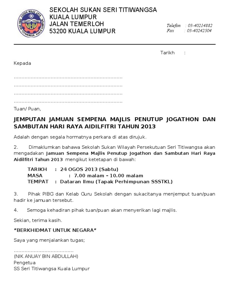 Surat Jemputan Jamuan Akhir Tahun Pdf