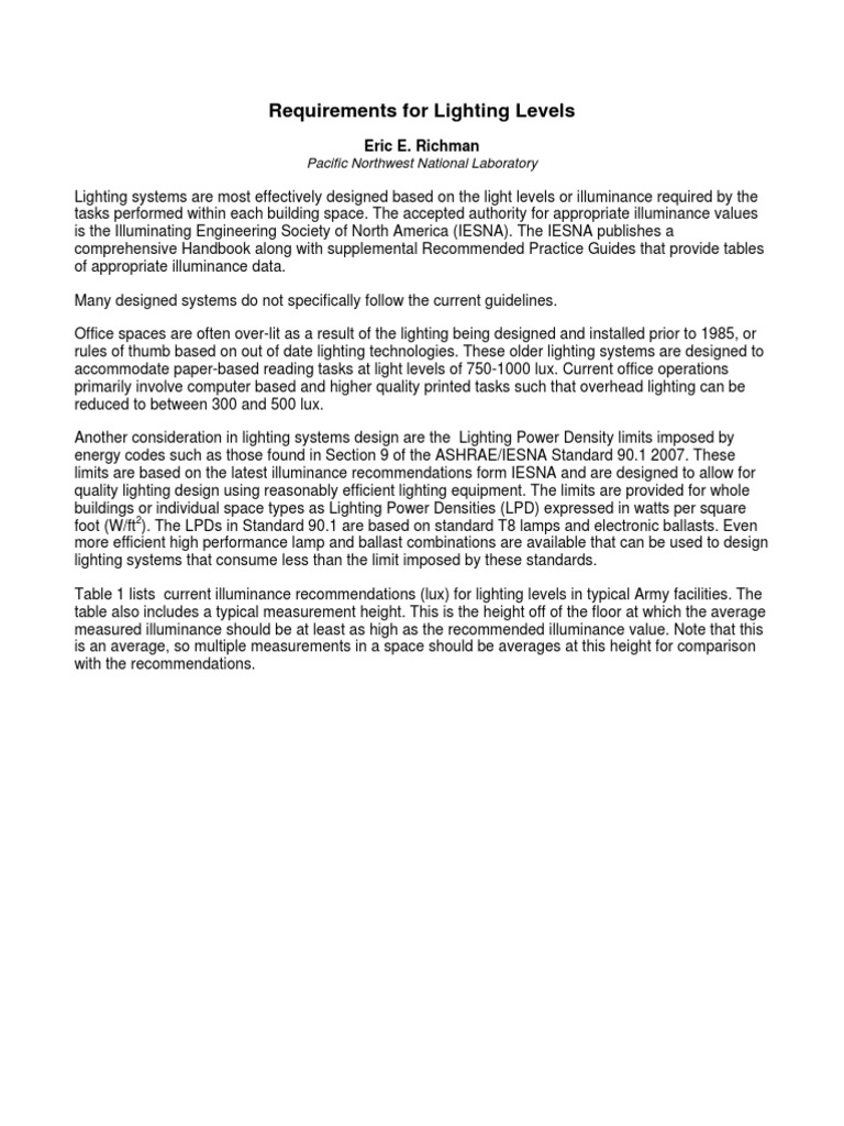 Usace Lightinglevels Pdf Lighting Building Engineering