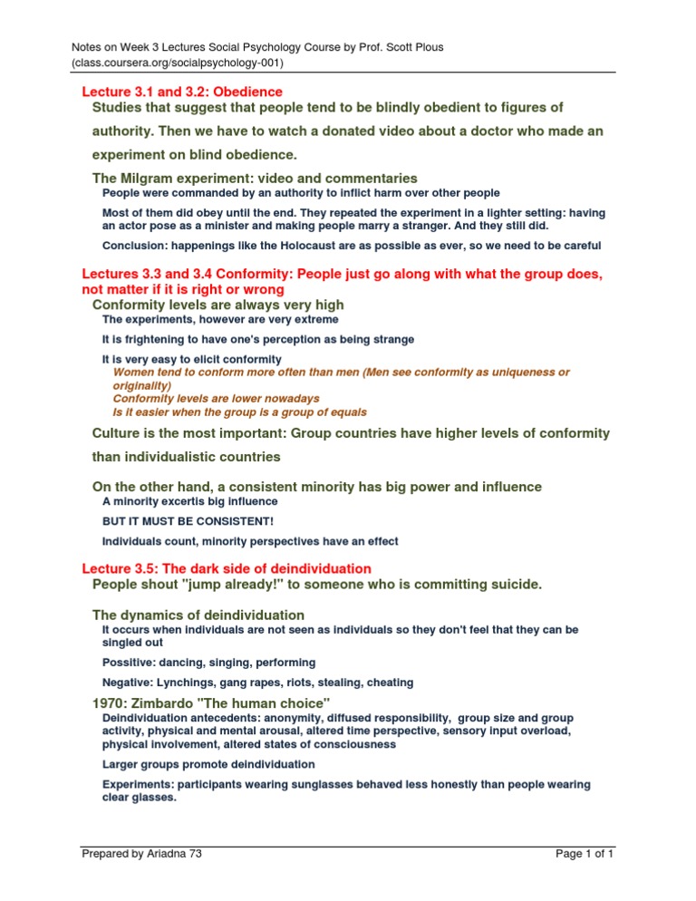 Lecture 3.1 and 3.2: Obedience: Notes On Week 3 Lectures Social ...