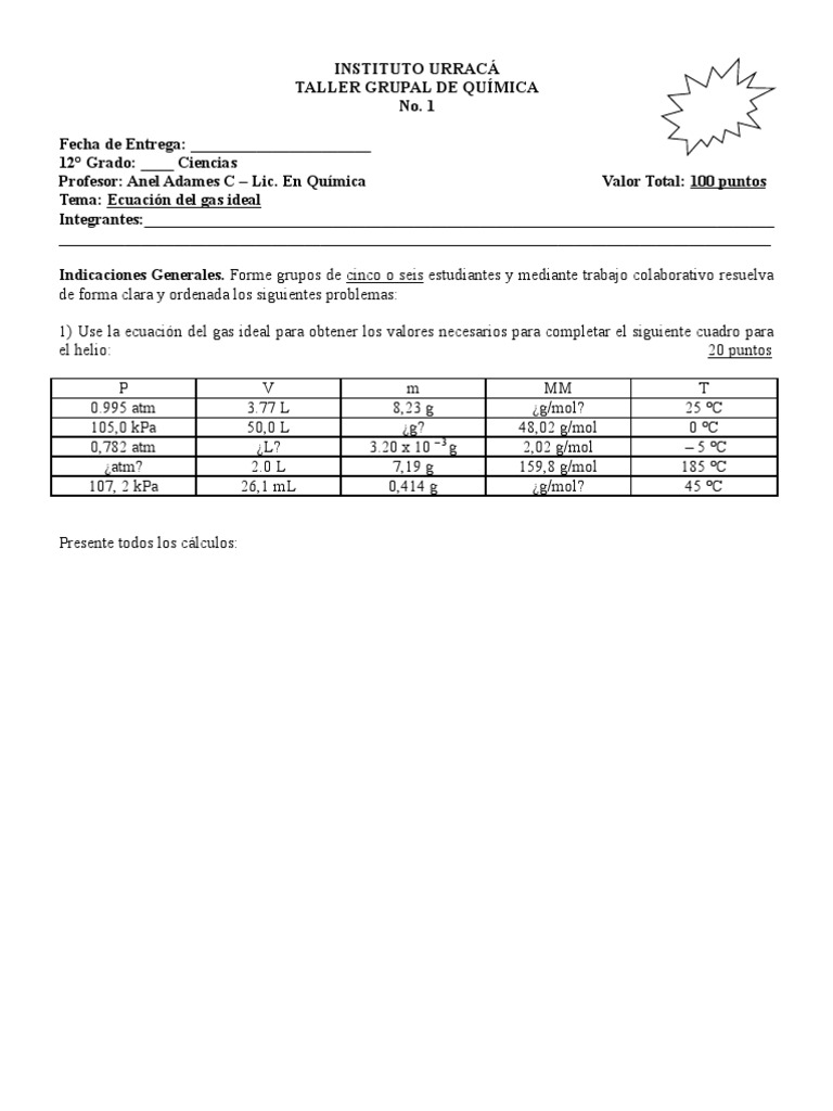 Taller de Química: Ecuación del Gas Ideal | PDF | Gases | Mole (Unidad)