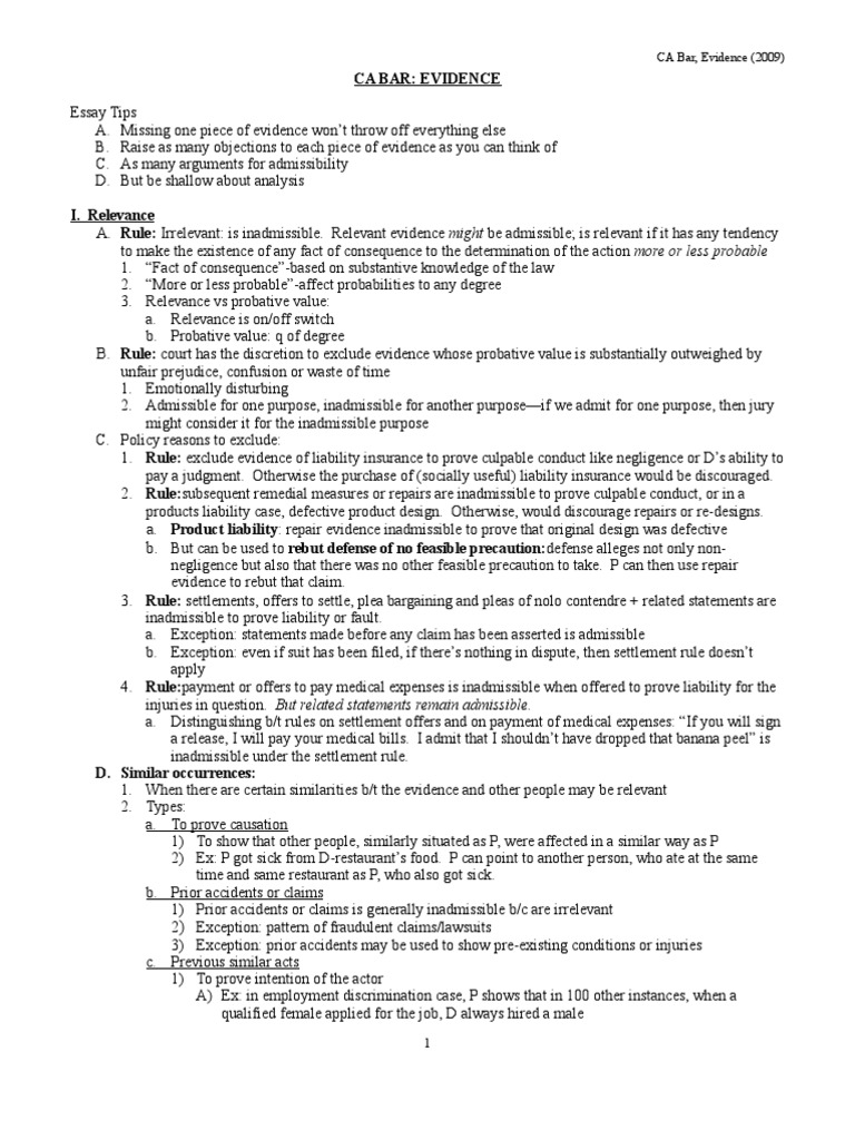 CA Bar: Evidence (2009) | PDF | Witness Impeachment | Relevance (Law)