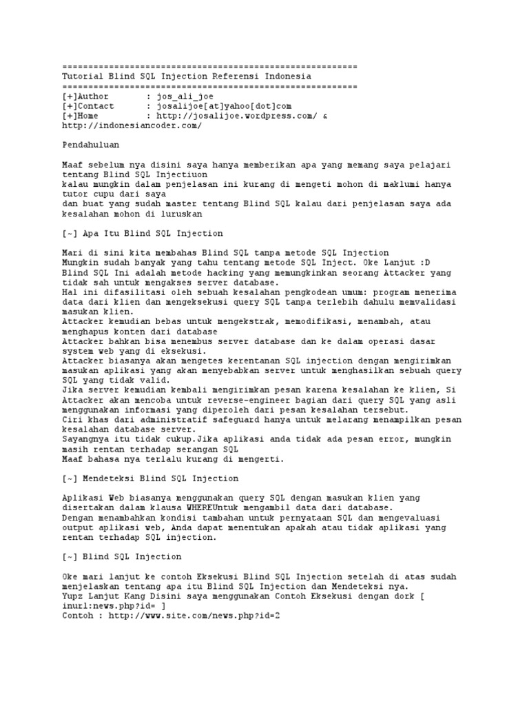Tutorial Blind SQL Injection Indonesia | PDF