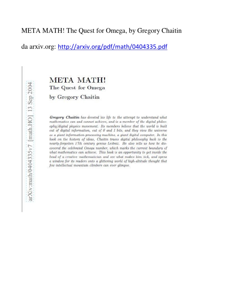 META MATH! The Quest For Omega (Preprint), Gregory Chaitin, 2004 | PDF