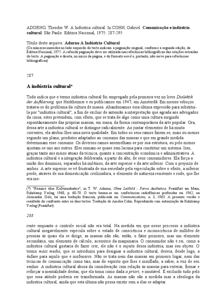 ADORNO A Indústria Cultural | PDF | Theodor W. Adorno | Indústrias