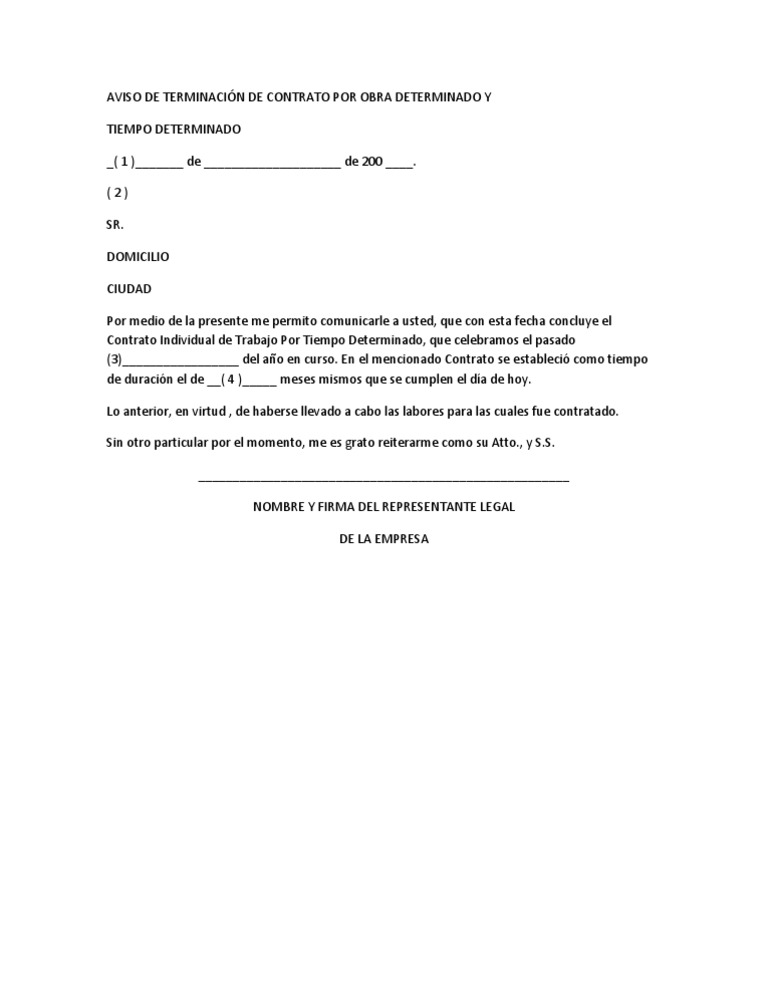 AVISO DE TERMINACIÓN DE CONTRATO POR OBRA DETERMINADO Y