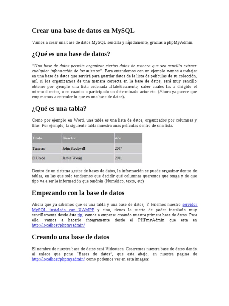 Crear base de datos y tablas en phpMyAdmin | PDF | Tabla (base de datos ...