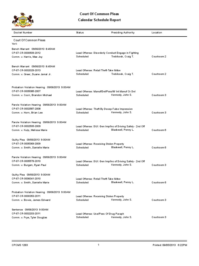 York County Court Schedule For Sept 6 PDF Driving Under The