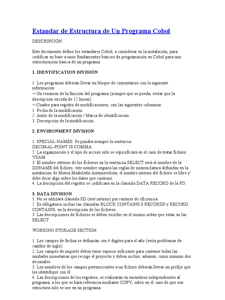 Estandar de Estructura de Un Programa Cobol | PDF | Tabla (base de ...