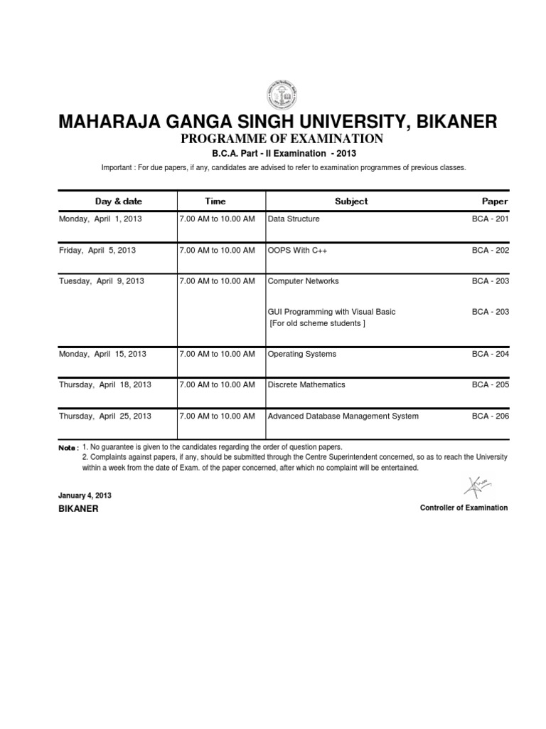 BCA Part II Exam Schedule 2013 | PDF