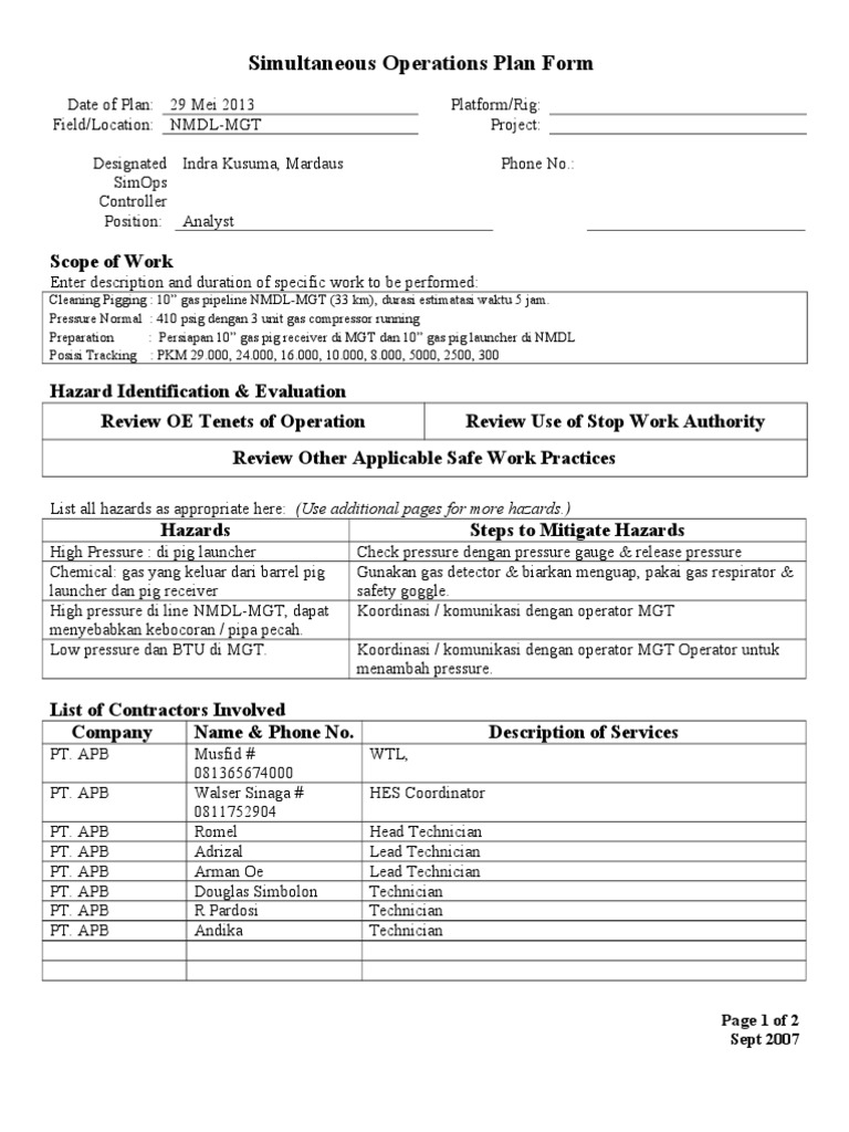 SimOps Plan Form Pigging 10'' NMDL - MGT | PDF