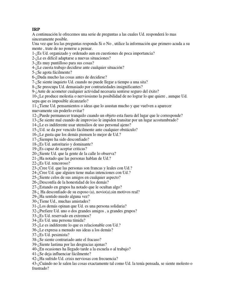 Test de Personalidad IRP: Evaluación y Resultados | PDF | Sicología ...