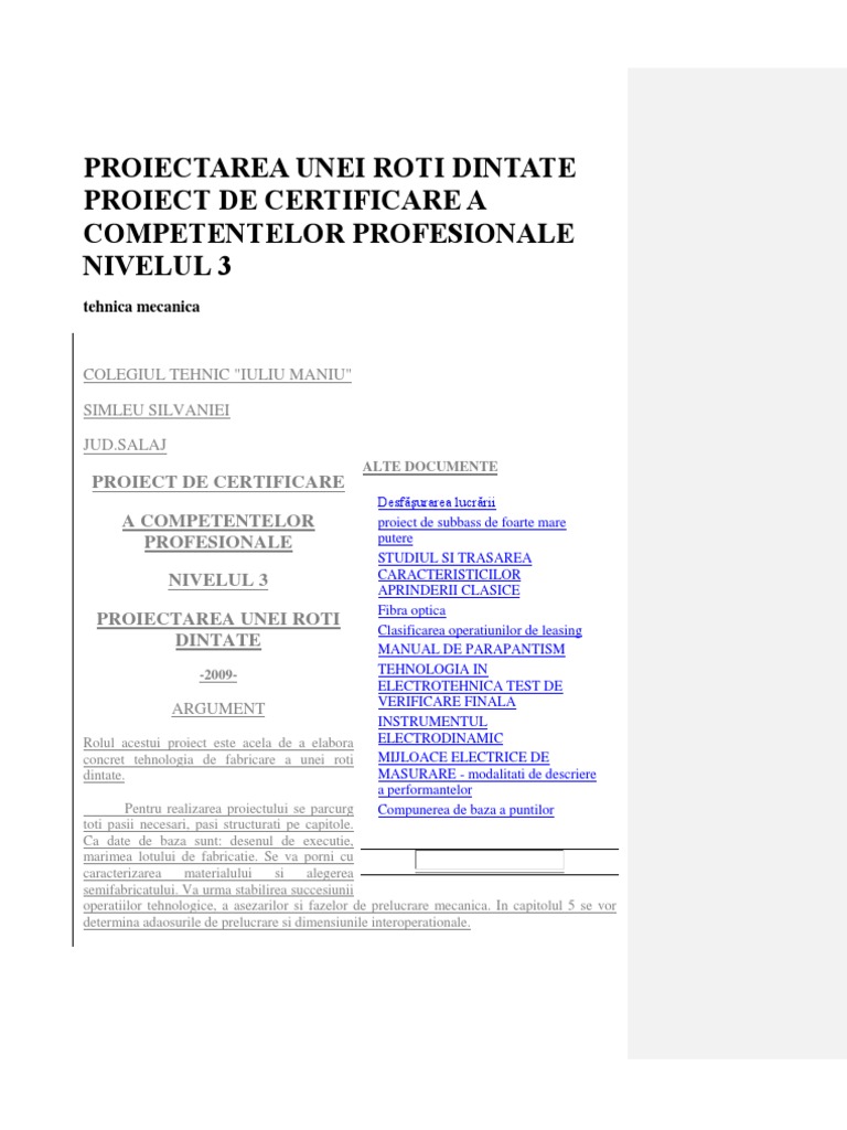 Proiectarea Unei Roti Dintate Proiect de Certificare A Competentelor ...