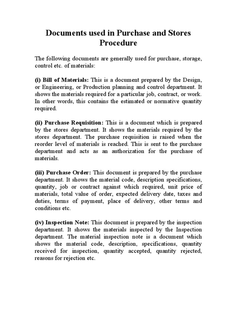 Documents Used in Purchase and Stores Procedure PDF Specification