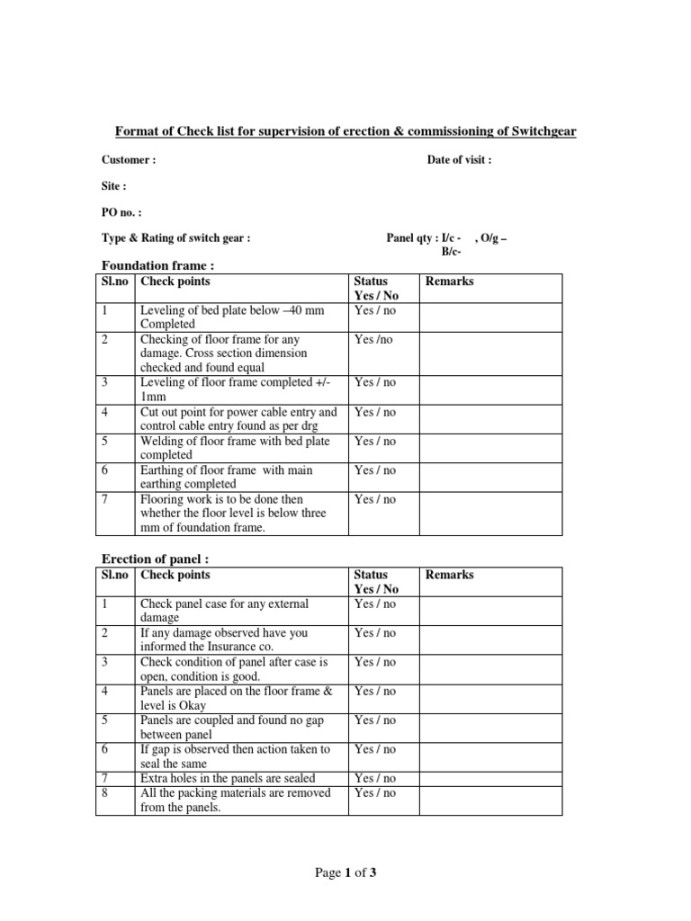 Switchgear Erection Inspection Checklist | PDF | Switch | Relay